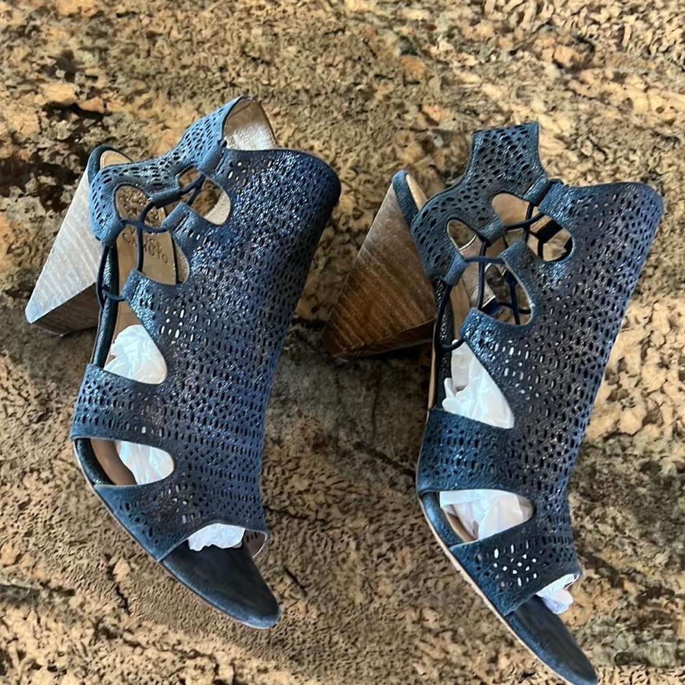 Vince Camuto Navy Blue Laser-Cut Peep-Toe Cone Heel Sandals